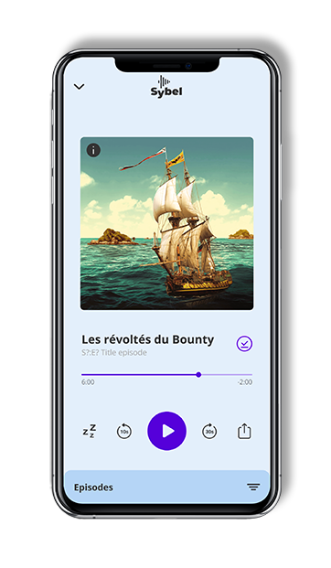 Photo d'un smartphone (iPhone XS), avec l'application Sybel ouverte dessus